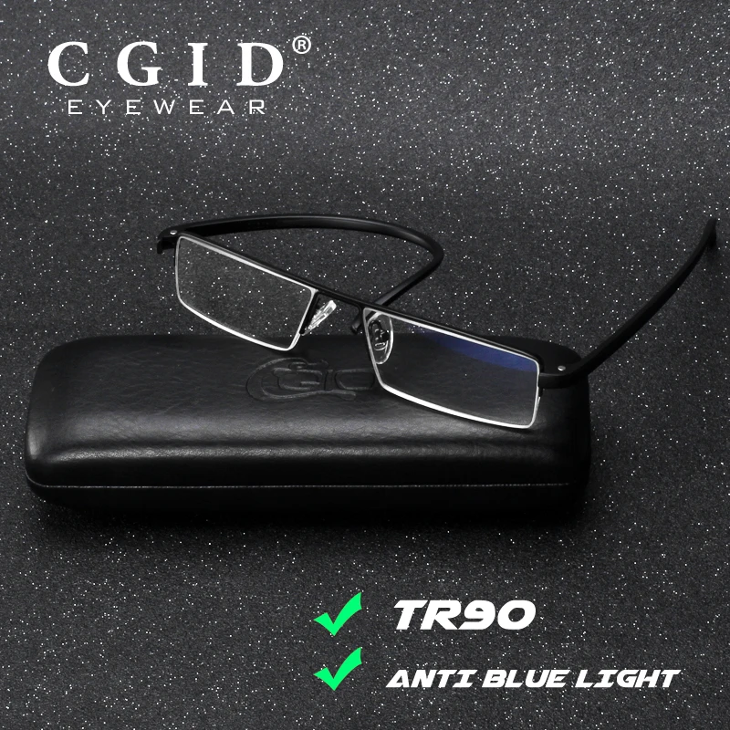 CGID TR90 с защитой от синего света, очки для чтения, Супер Легкая металлическая полуоправа с кожаным чехлом+ 1,0+ 1,5+ 2,0+ 2,5+ 3,0 LH3003