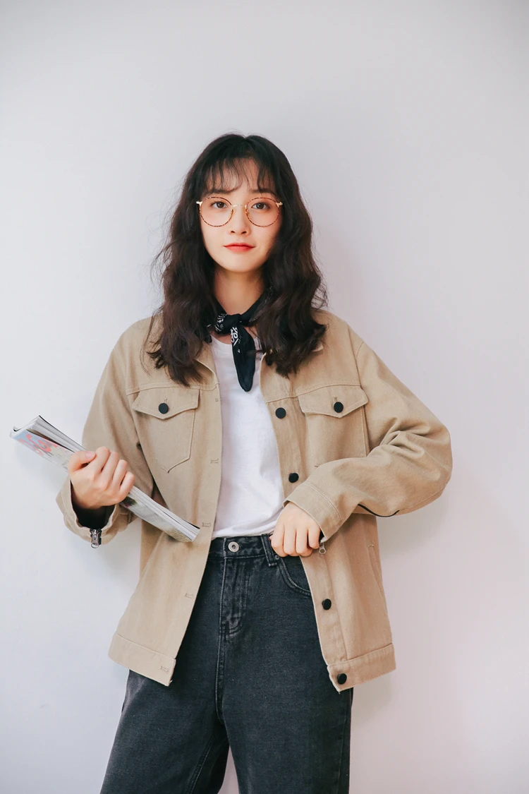 

Obrix Denim Female Casual Style Coat Spring Cotton Korean fashion Streetwear Loose Polo Collar Full Sleeve Jacket For Women