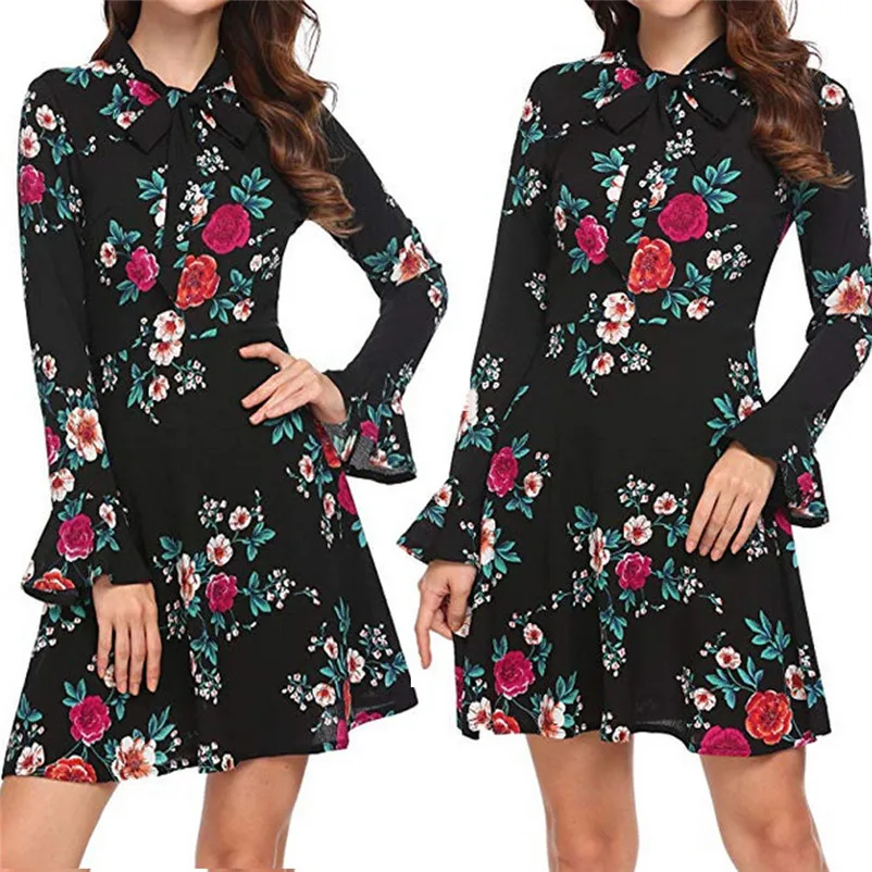 Fashion Autumn summer dress 2018 casual Flare elegant dress Long Sleeve O-Neck Floral Printed Mini party Dress vestido A27#N (16)