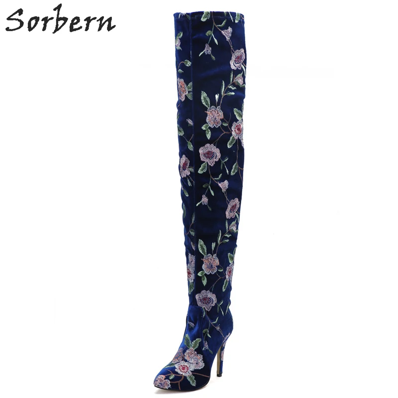 

Sorbern Fashion Flower Women Over Knee Length Boots Pointed Toe Plus Size Boots Womens Party High Heels Boots