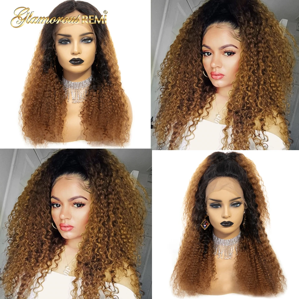 

13*6 Peruvian Glueless Kinky Curly Lace Front Human Hair Wigs for Women Bleached Knots with Baby Hair Colored Ombre 1b 30 Wig