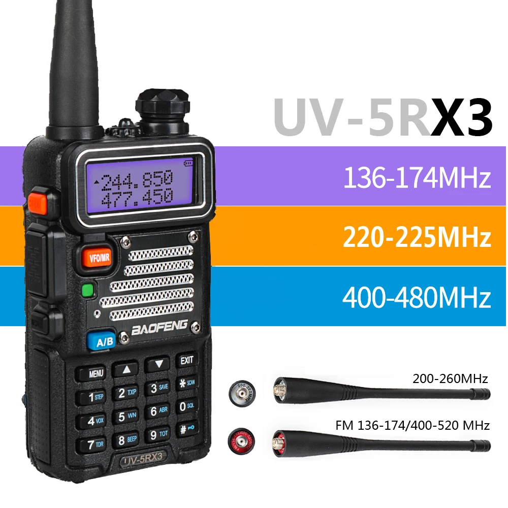 Baofeng UV 5RX3 трехдиапазонная 136 174/220 225/400 520 + 2x антенна 5 Вт трехцветный ЖК дисплей