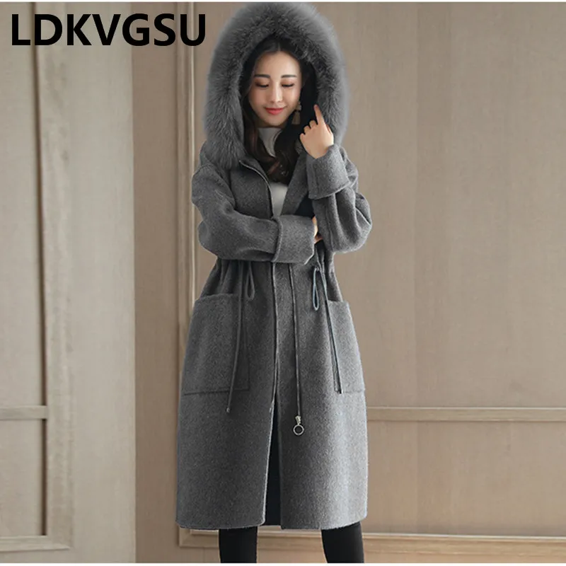 Длинное шерстяное Женское пальто в Корейском стиле новое шерстяное пальто с меховым воротником и капюшоном на талии женское осенне-зимнее однотонное пальто Is079