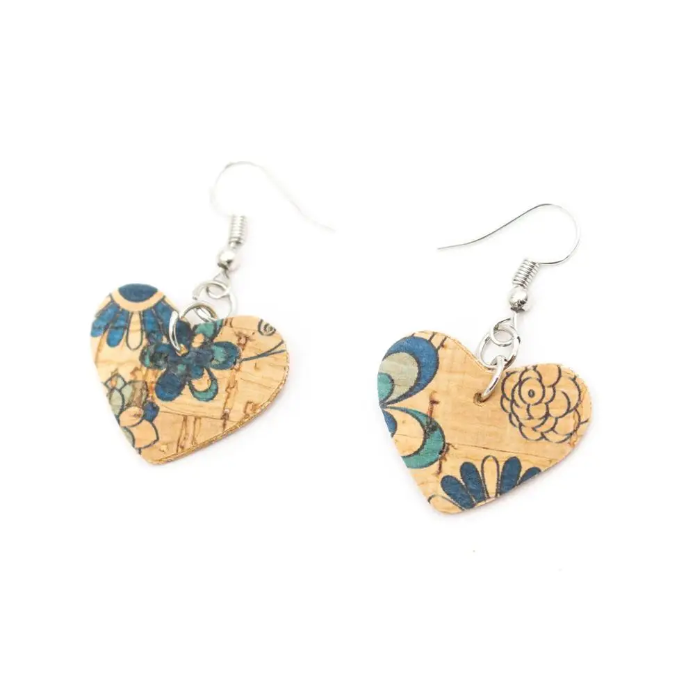 

Natural softwood fabric Heart style handmade lady cork earrings retro women jewelry ER-072-C-1