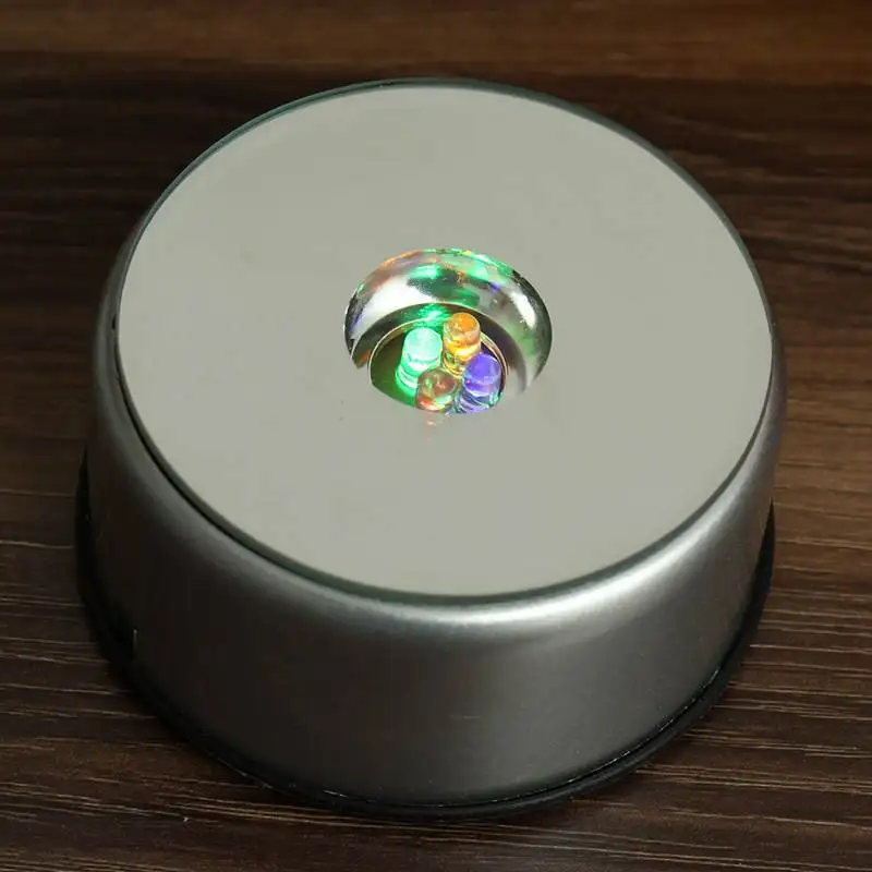 3D Crystal Glass Lamp Base Silver Battery Operated Trophy Laser 4 LED Lights Rotating Display