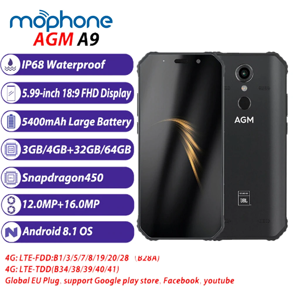 

AGM A9 Rugged 4G Mobile Phone IP68 Waterproof 5400mAh 3+32GB/ 4+64GB 5.99inch Snapdragon 450 16+12MP NFC Fingerprint Smartphone