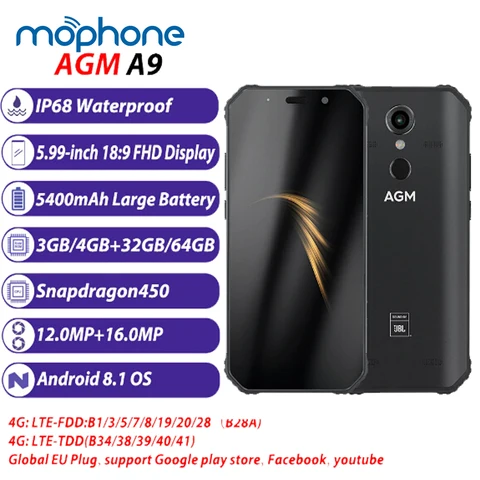 AGM Rugged Mobile Phone IP68 Waterproof 5400mAh 3 32GB  4 64GB 5 99inch Snapdragon 450 16 12MP NFC Fingerprint Smartphone