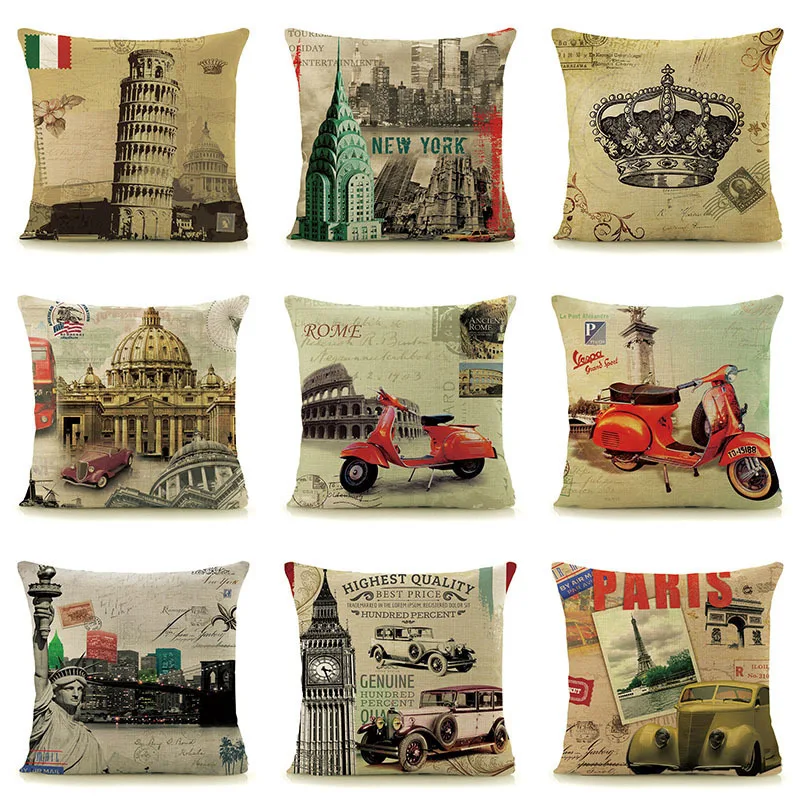 

Vintage Euro scenic cushion car chairs throw pillow home decorative pillows Paris Rome tower printed square 45x45cm pillowcase