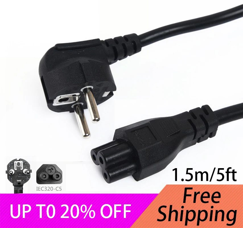 

EU European Power Cord EU Euro 2-Pin IEC320 C5 Cloverleaf Power Extension Cable Cord 1.5m 5ft For Notebook Laptop AC Adapters