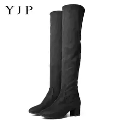 YJP Для женщин более-колено/Высокие сапоги, черные два Длина обувь без шнуровки, женская осенне-зимняя теплая Регулируемый Длина Сапоги и