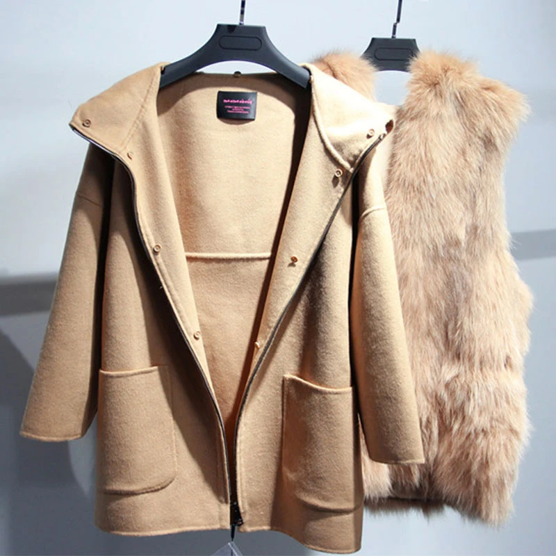 

2019 New Fashion Winter Parka Wool Cashmere Coat Women Fur Jacket Overcoat Collar Hooded Genuine fox Fur liner Brand Style