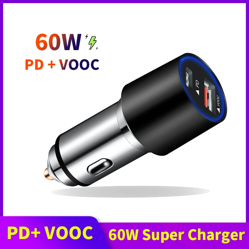 

60W Car Quick Charge USB Type-C PD Charger For Oppo VOOC Fast Charger QC 3.0 Quick Phone Car Charger