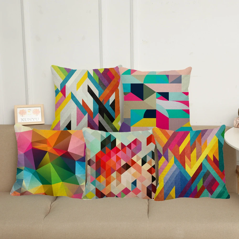 XUNYU Colorful Colored Abstract Geometric Pattern Linen Decoration