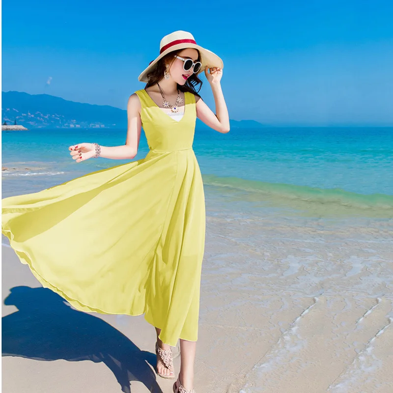 

2018 New Arrival Summer Casual Boho Chiffon Dress Female A-line Solid Color Sleeveless O-Neck Beach Dress Vestidos Is557