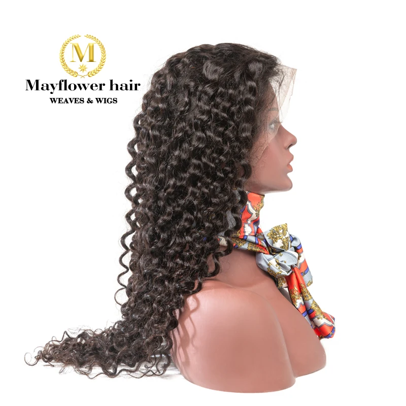 Mayflower 150% плотность полный парик шнурка натуральный цвет натуральные волосы глубокая волна полностью связанный вручную с линией волос младенца средней шапки
