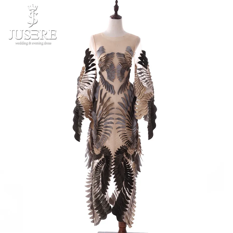 Robe de soiree Jusere, шикарное платье с аппликацией домино, с длинным рукавом, прозрачное, длина до середины икры, короткое вечернее платье,, высокая мода - Цвет: same as image