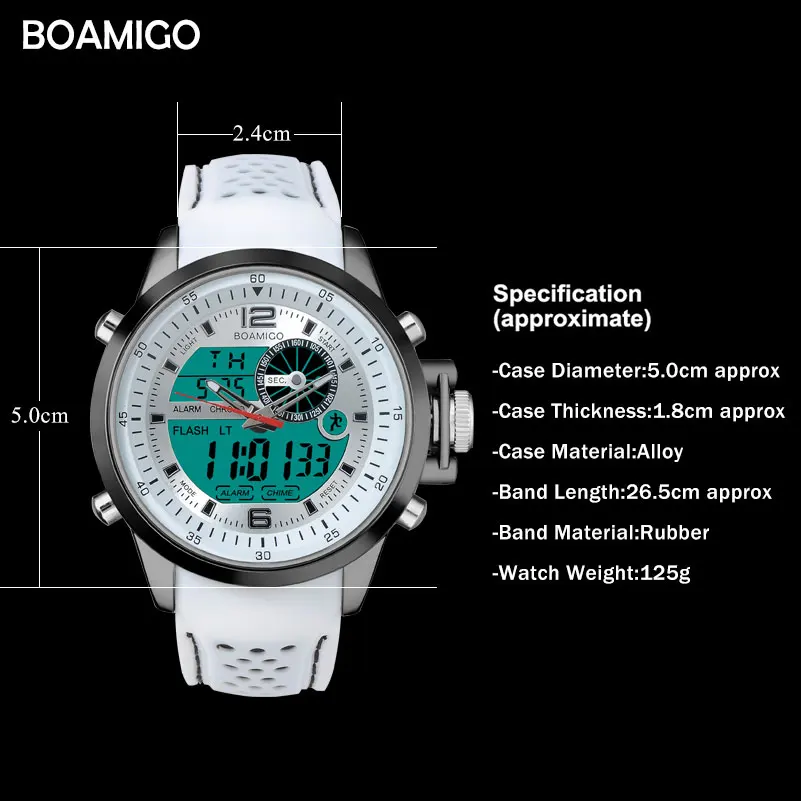 BOAMIGO бренд Dual Time Мужские Цифровые часы белые аналоговые многофункциональные