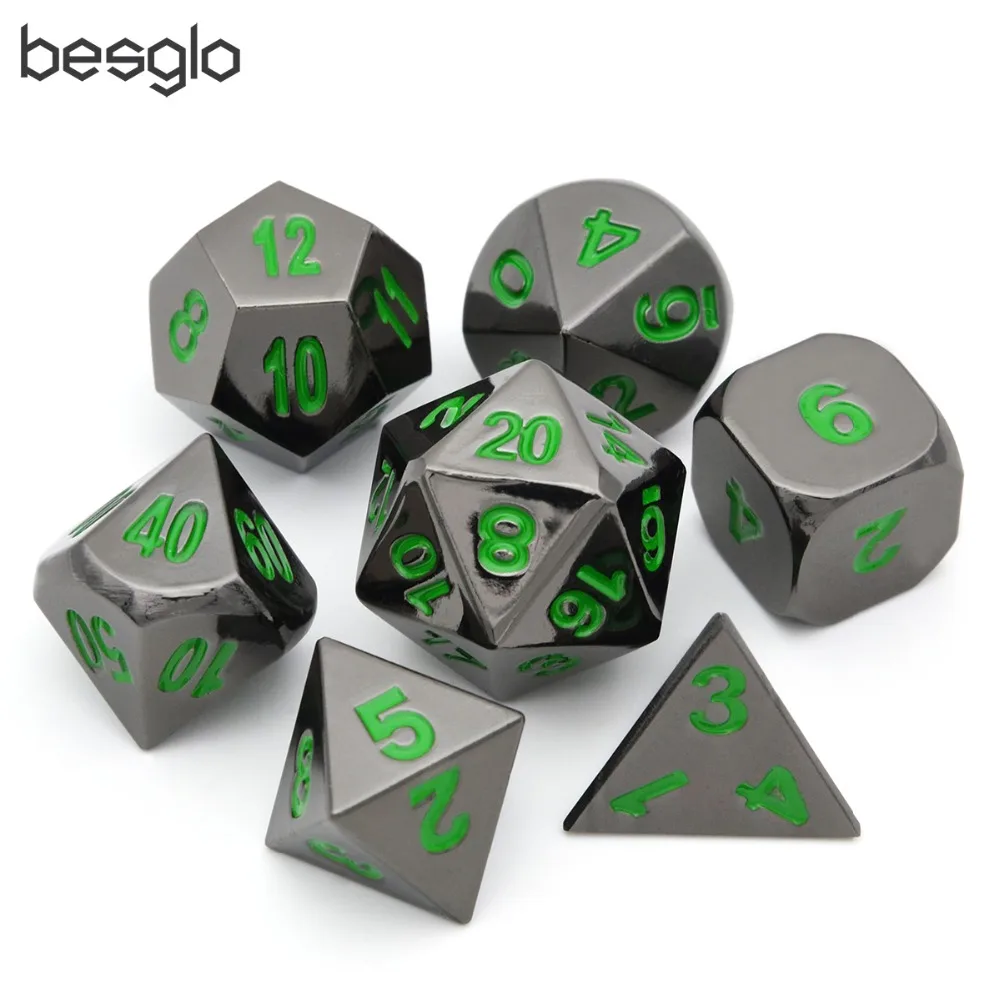 

Black Chrome Metal RPG Dice with Green Numbers for DnD MTG Board Games D4 D6 D8 D10 D% D12 D20 and Black Pouch