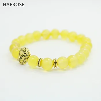 

HAPROSE Agate bracelet Natural Yellow black Agates Beads 8mm Creative Jewellery Bracelet Gem Lion head bracelet Free shipping