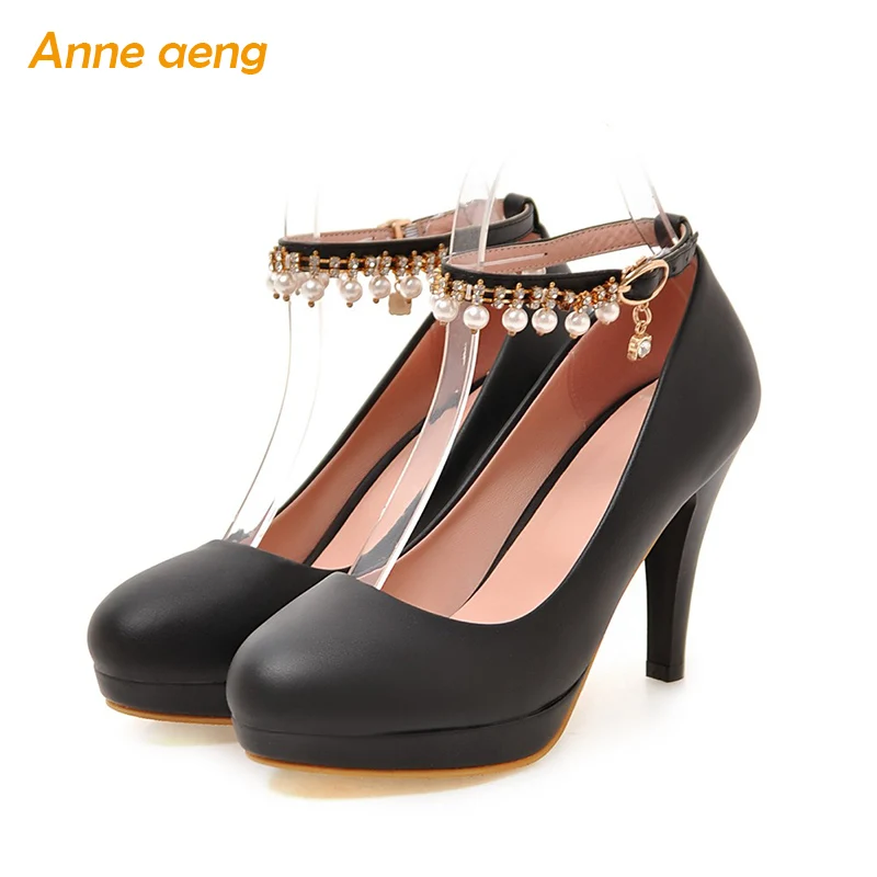 

Spring summer women shoes 9cm thin heel pumps with platform buckle strap string bead round toe sweet elegant pink wedding shoes