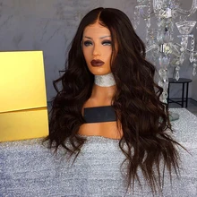 DLME 22inch Body Wave Natural Black Long Wig Synthetic Lace Front Wig With Baby Hair Heat