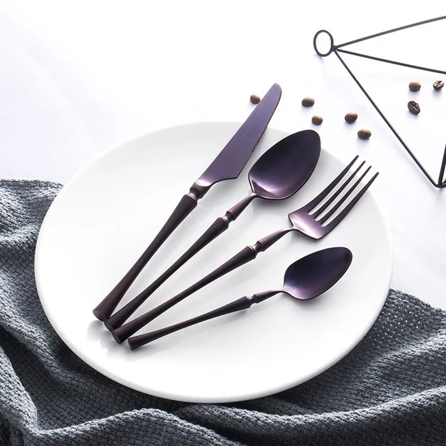Черная столовая посуда набор столовых приборов ложка и вилка набор столовых приборов из нержавеющей стали столовый набор кухня еда дропшиппинг - Цвет: Purple