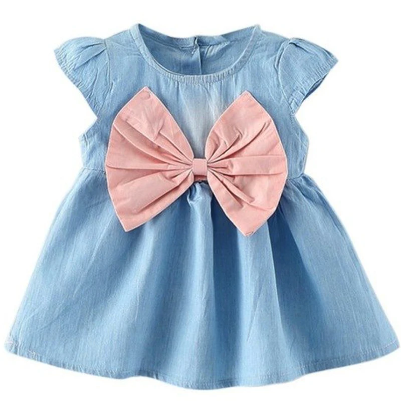 

Girls Dress 2018 Summer New Children's Girls Solid Color Chest Fan-shaped Large Bow Sleeveless Vest Denim A-Line Dress