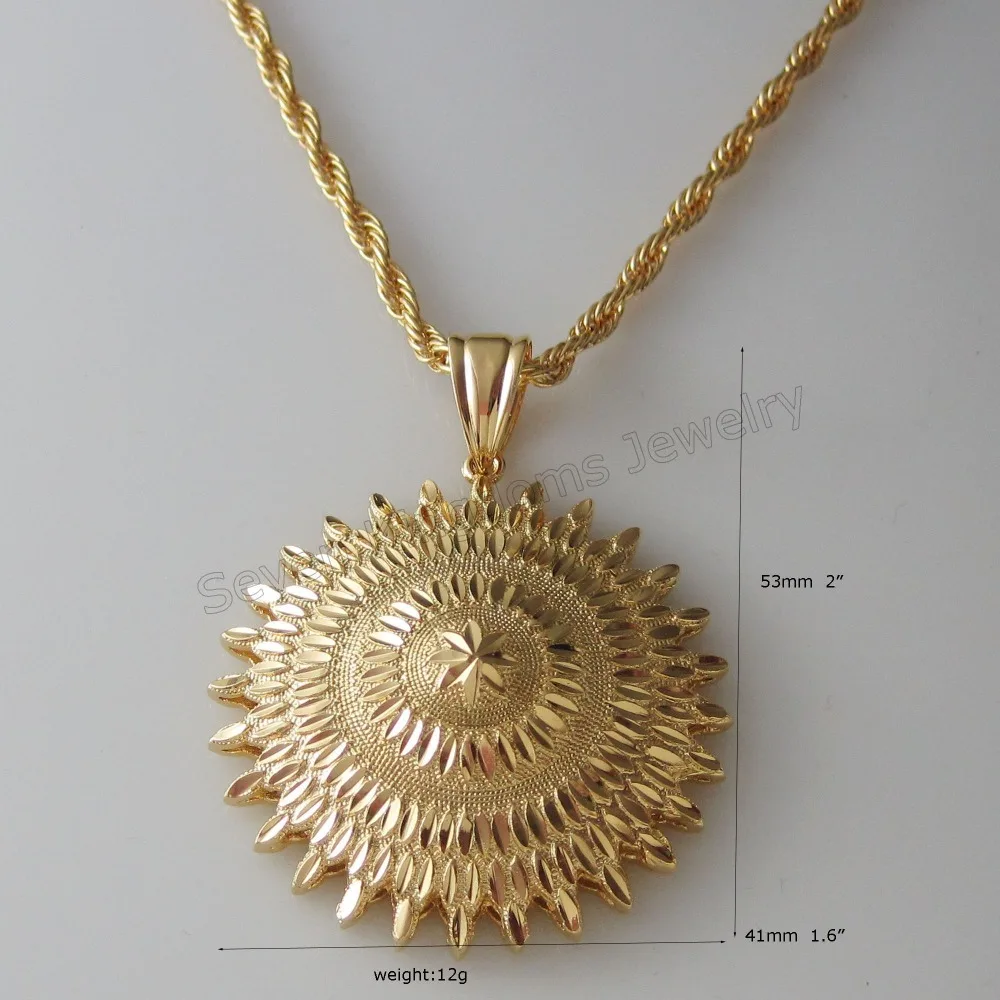 

Min ORDER 10$/- YELLOW GOLD GP DUBAI GOLD COATED 24" ROPE NECKLACE & MANY SPECIFIC CARVED ROUND SUN FLOWER SHAPE PENDANT/