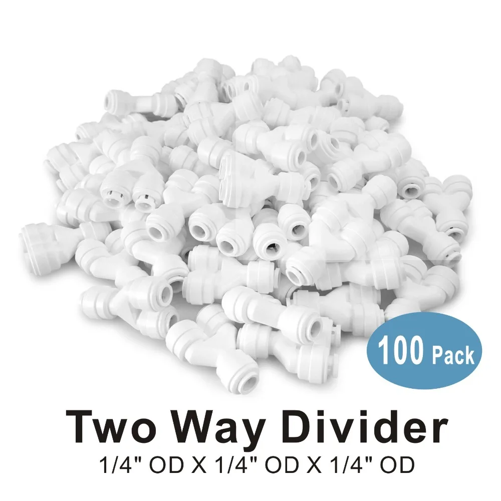 

100 PACK OF Two Way Divider 1/4" Quick Fitting Connector for Water Filters and RO Reverse Osmosis Systems