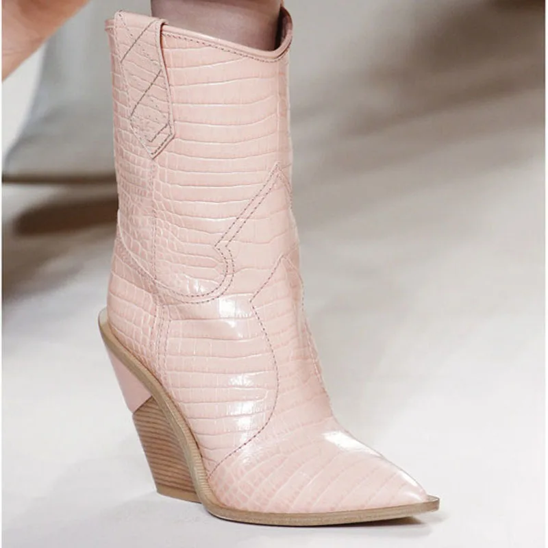 

Sxzyqfw Runway Shoes Cowboy Boots For Women Pointed Toe Western Boots Genuine Leather Mid-calf Boots Chunky Wedges Boots Pink