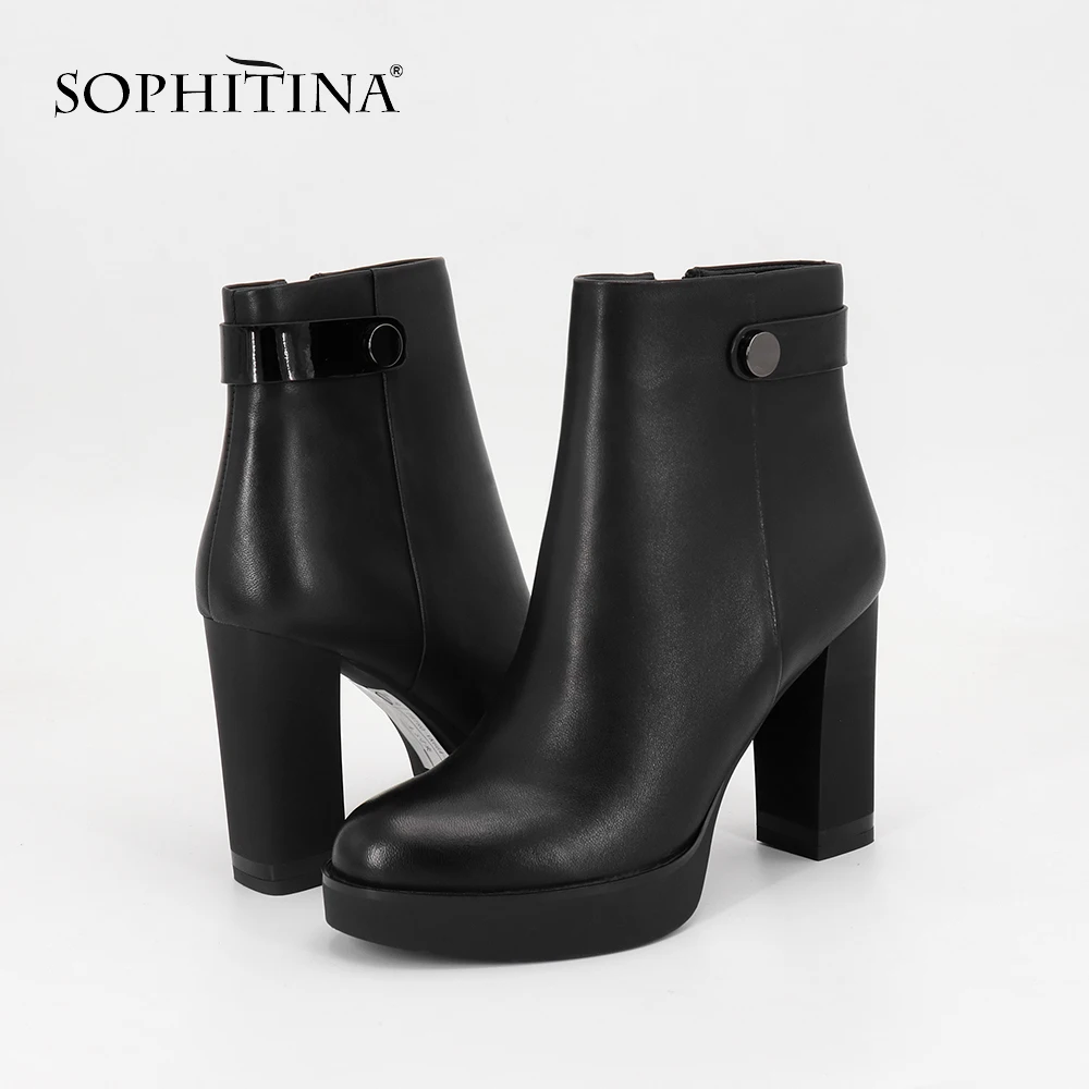 

SOPHITINA Elegant Women' s Boots Ankle Sheepskin Zipper Basic Round Toe Super High Square Heel Winter Shoes Handmade Boots M96