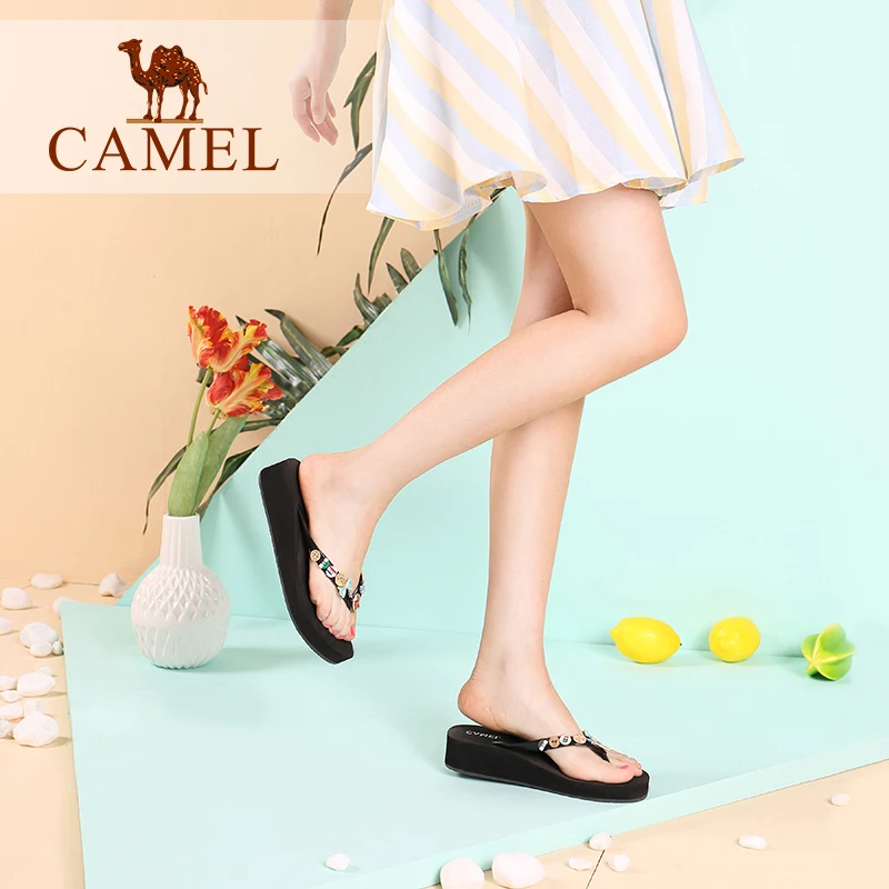CAMEL/новые женские уличные тапочки модные повседневные вьетнамки на танкетке и