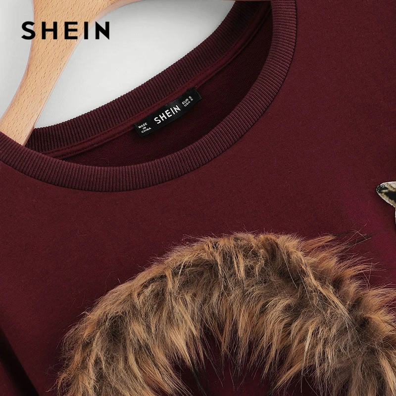  SHEIN Burgundy Faux Fur Fox Patch Sweatshirt Women Long Sleeve Round Neck Crop Pullovers Women Autu