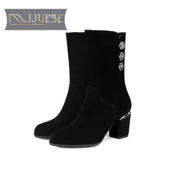 

MLJUESE 2019 women Mid-calf boots cow suede Rome style winter warm thick heel high heels women boots big size 33-43