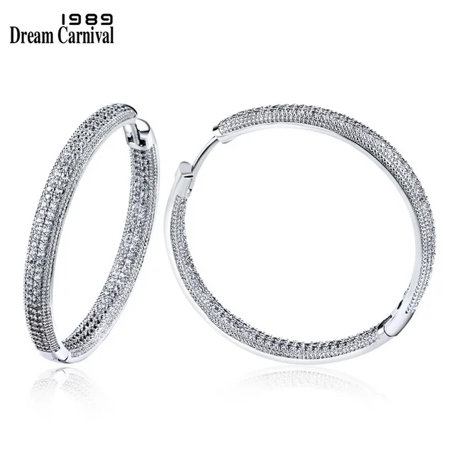 DreamCarnival 1989 Rhodium Color Zirconia Luxury Elegant Classic Hoop Earrings for Women Thin Easy Push In Pin Locks SE23882-WR Rhodium Plated