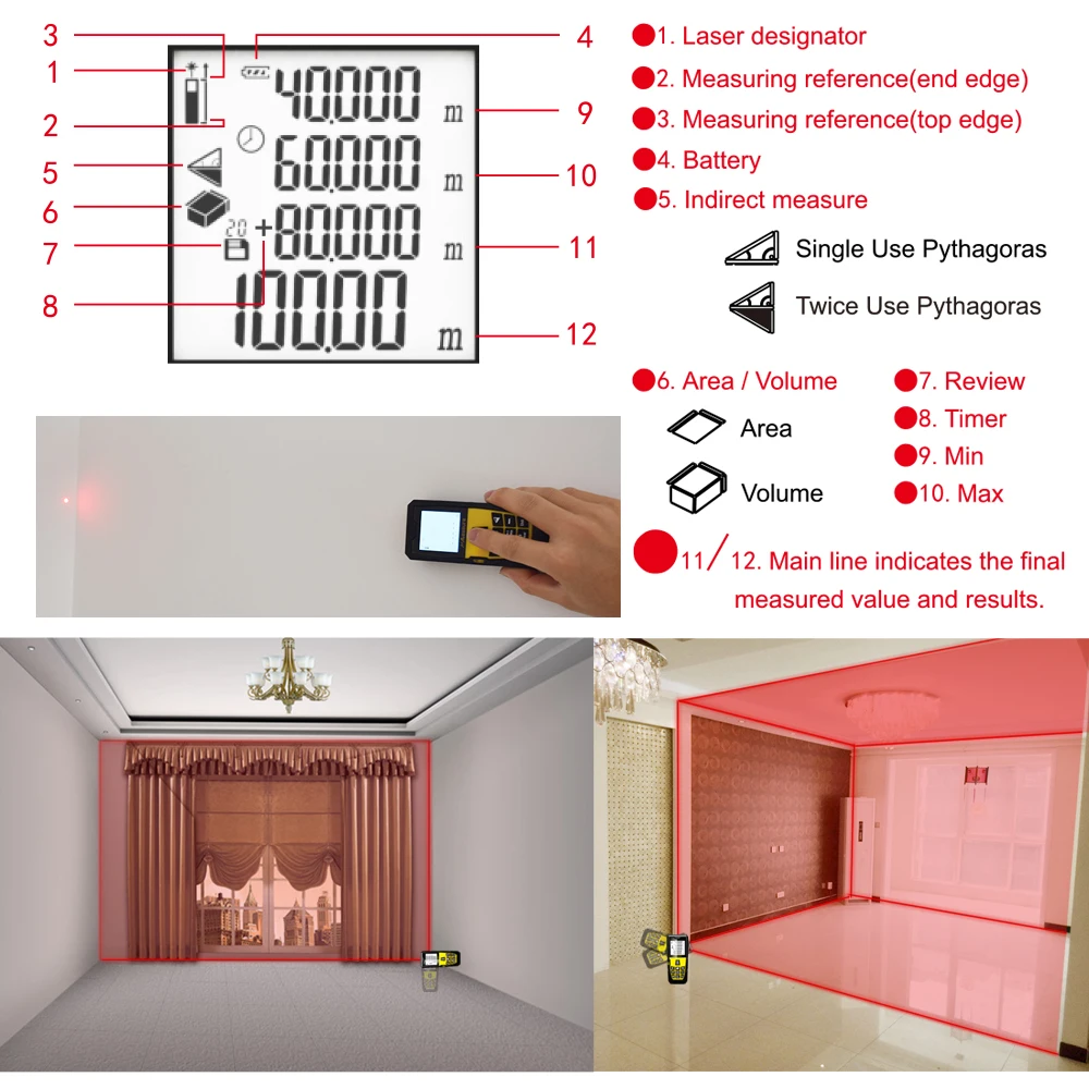 Лазерный измеритель расстояния 40 м/60 м/80 м/100 м портативный дальномер Площадь/объем/пифагоровы цифровые рулетки