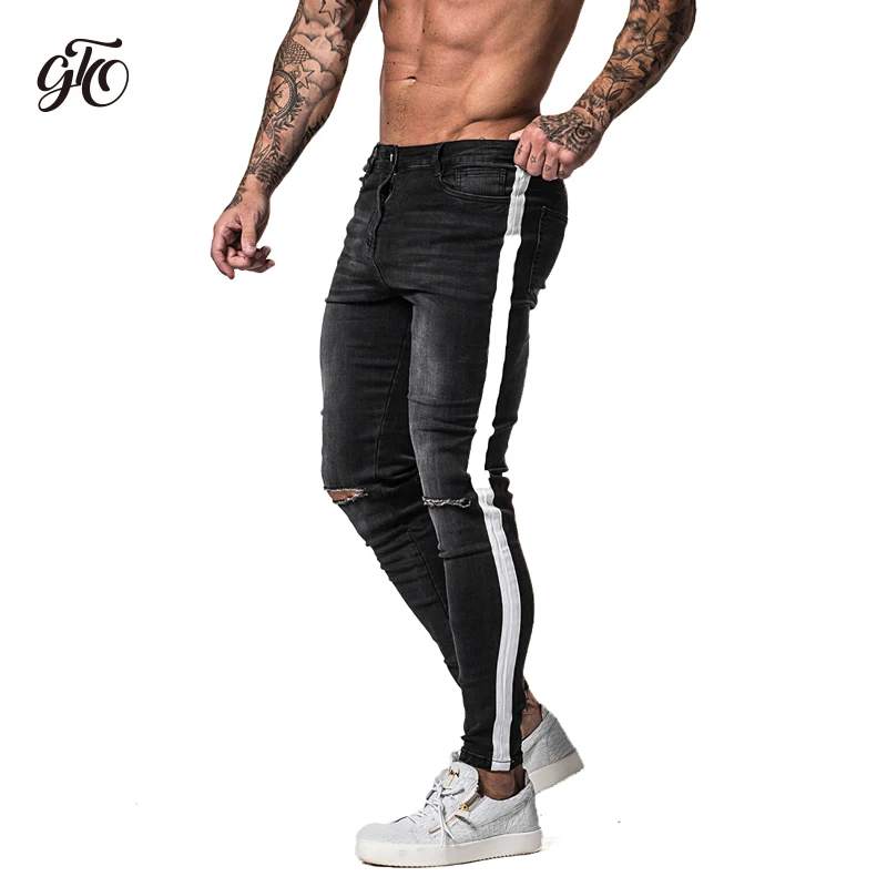 Goedkoop Gingtto Skinny Jeans Voor Mannen Tape Side Verontruste Jeans Voor Mannen Faded Black Big Size Super Spray op Dropshipping Supply zm42