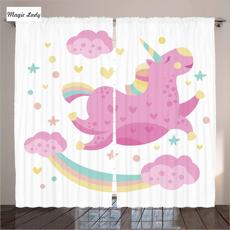 Cartoon Unicorn Curtains For Kids Room Rainbow Living Room Bedroom Star Rainbow Room Pink Yellow