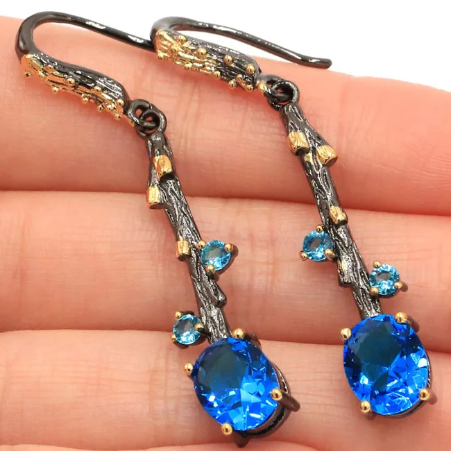 

Sublime Antique Vintage Paris Blue Topaz Flower Black Gold Silver Earrings 51x8mm