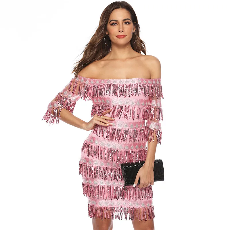 Сексуальное облегающее платье с открытыми плечами, модные платья с кисточками и блестками, Женские многослойные сексуальные Клубные вечерние платья - Цвет: Розовый