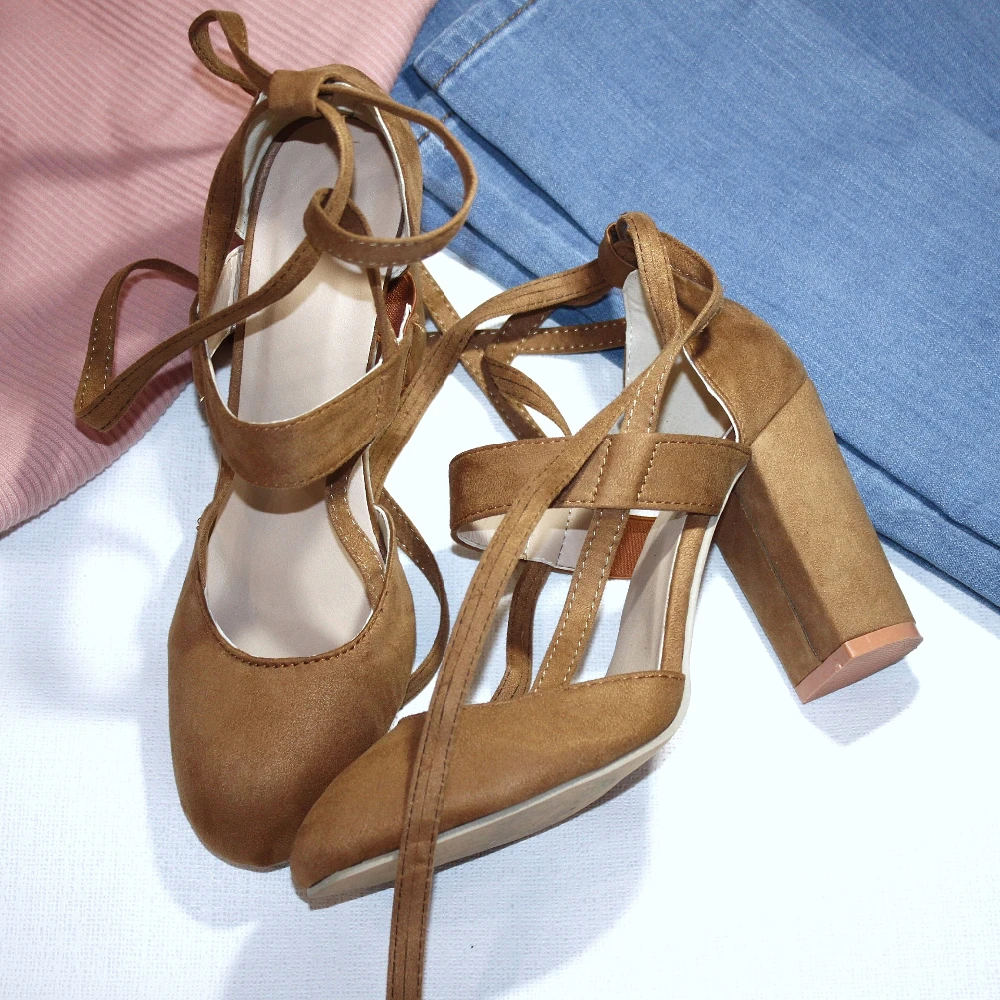 La MaxPa Sexy Women Open Toe Pumps Lace up Heels Sandals Woman Ankle Strap Square Super  High Thick Heels Cover Heel Shoes
