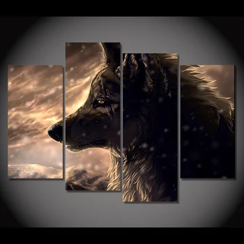 

4 Panel Framed HD Printed Black Hunting Wolf Animal Poster Picture Canvas Print Home Decor Modern Oil Painting Artworks
