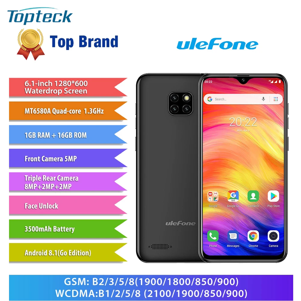 6,1'' Ulefone Note 7 19:9 16GB тройной сзади камеры Android 8,1 MT6580A 3500 mAh две SIM карты Face разблокирована смартфон