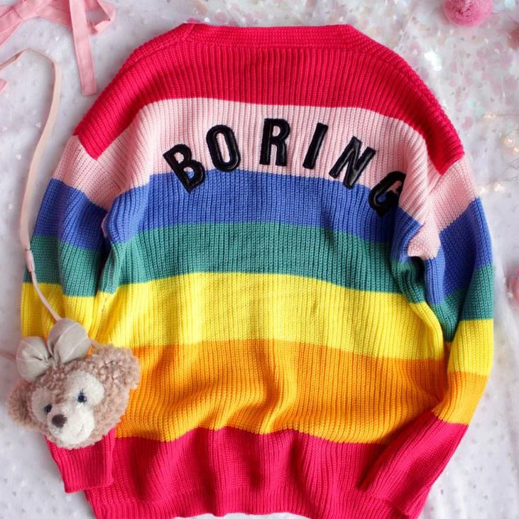 Весенний кардиган в стиле Харадзюку с радугой, женские свободные свитера больших размеров с вышитыми буквами, разноцветный кардиган в полоску