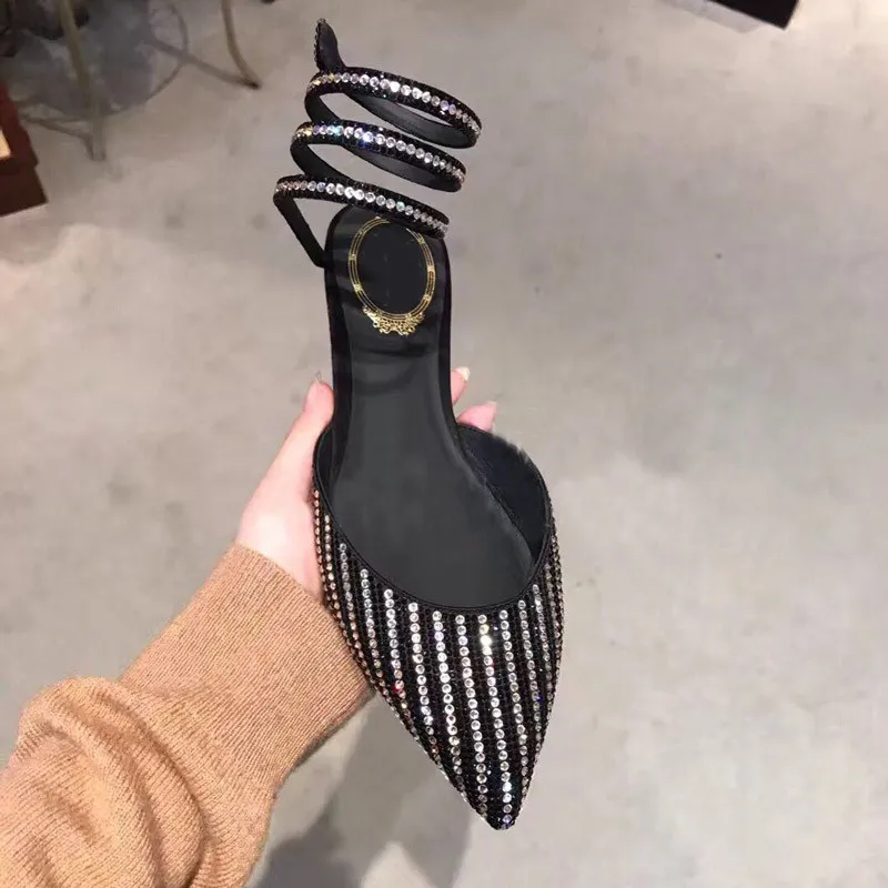 

crystal embellished Black Shoes Women Luxury Brand Jewel shoes Snake sandals Pointed Toe Flats Fashion Chaussures Femme Ete 2018