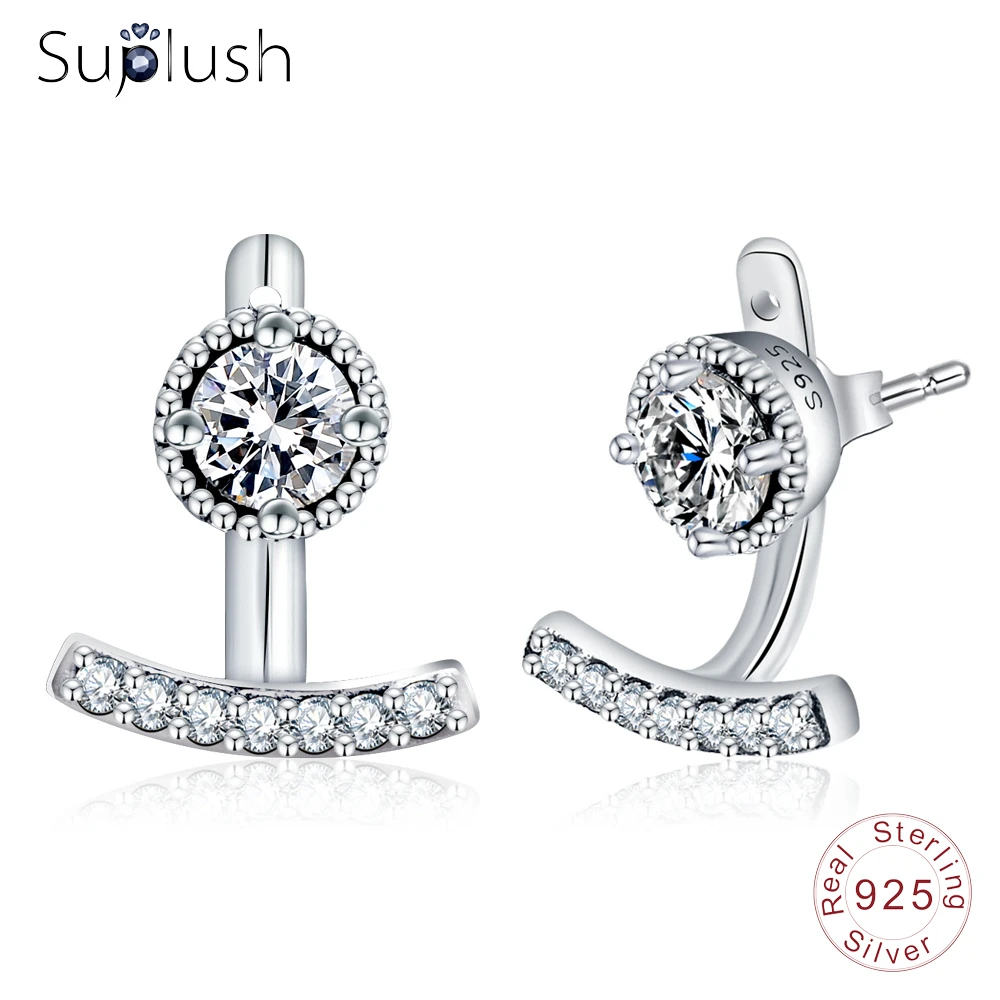 Suplush дизайн серьги гвоздики для женщин 925 серебро прозрачный CZ Модные Серьги очаровательные ювелирные изделия подарок PSER0111