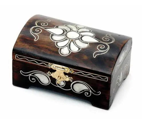 

Vintage Handmade Handcrafted Wood Jewelry Chest Box With Mother of Pearl Inlay