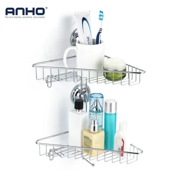 

ANHO Bathroom Rack Suction Cup Corner 2 Layers Kitchen Spice Shelf Holder Storage Basket for Shower Gel Wall Mounted Organizer