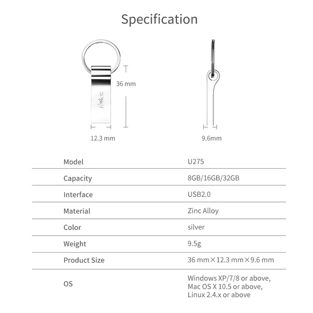 Netac U275 флеш-диск USB 2,0 с кольцом для ключей 8GB 16GB 32 GB Aluninum Alloy Stick USB2.0 8 16 32 GB металлическая Флешка серебристый U диск