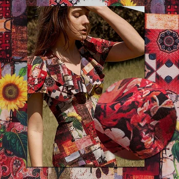 

Sunflower&geometric print vinatge red pure silk crepe de chine fabric, sewing for shirt, blouse, dress, skirt, craft by the yard